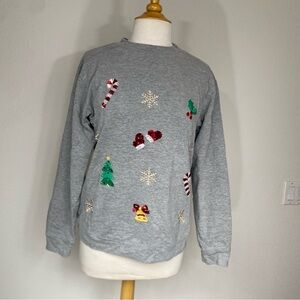 Gunit Womens Gray Sequins Holiday Cotton Blend Top Size Medium Christmas Festive